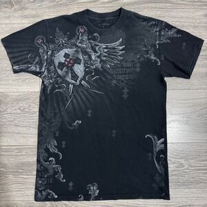 Y2K Anchor Blue Mens Gothic Graphic T-Shirt Black Medieval Cross Shield Small
